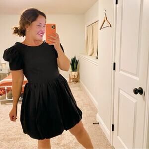 Caroline Constas Black Cotton Puff Sleeve Full Skirt Mini Dress Medium